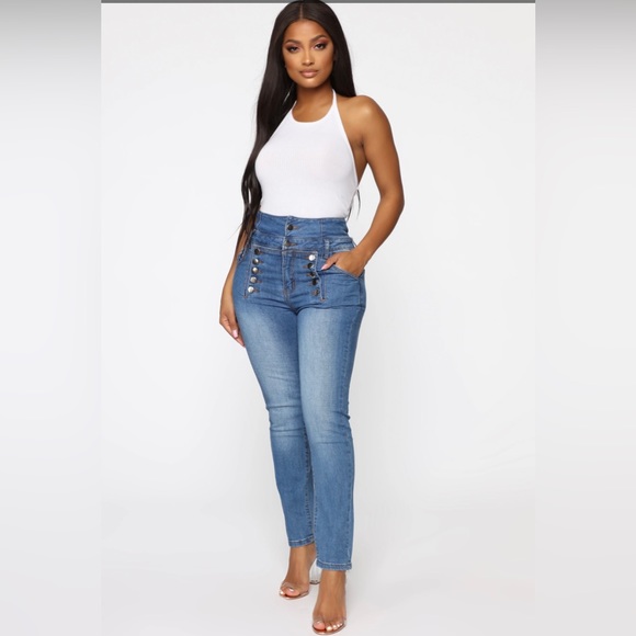 Fashion Nova. High Rise Sailor Double Button Skinny Jean. Medium Wash - Picture 6 of 6
